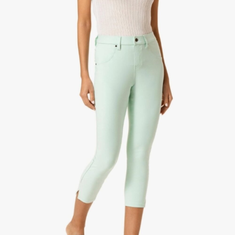 HUE Ankle Slit Pull On Denim Capri Leggings - Teal Size Medium